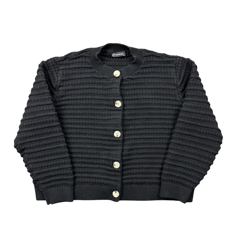 PrettyGarden Black Ribbed Button Front Cardigan Sweater Women XL Cropped Minimal